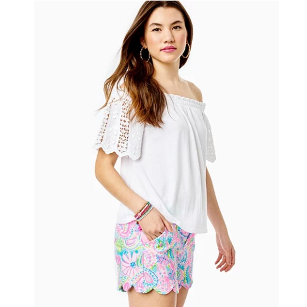 Lilly Pulitzer Fayette Off-The-Shoulder Blouse Top Crochet Ruffle XXS New